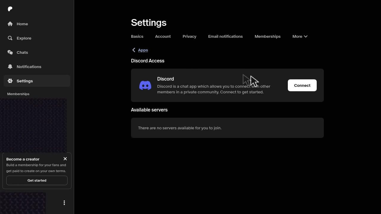 Patreon Connected apps settings opening the Discord connection flow